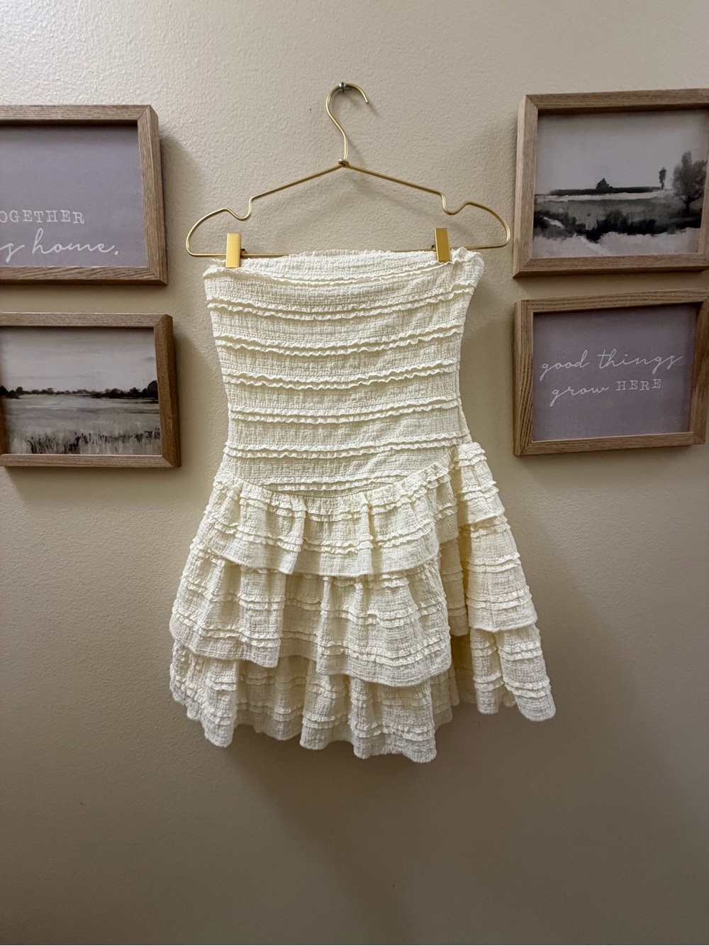 Strapless Ruffled Tiered Mini Dress — Cream